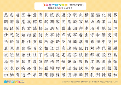 小学3年生の漢字一覧表（丸チェック表） オレンジ A4